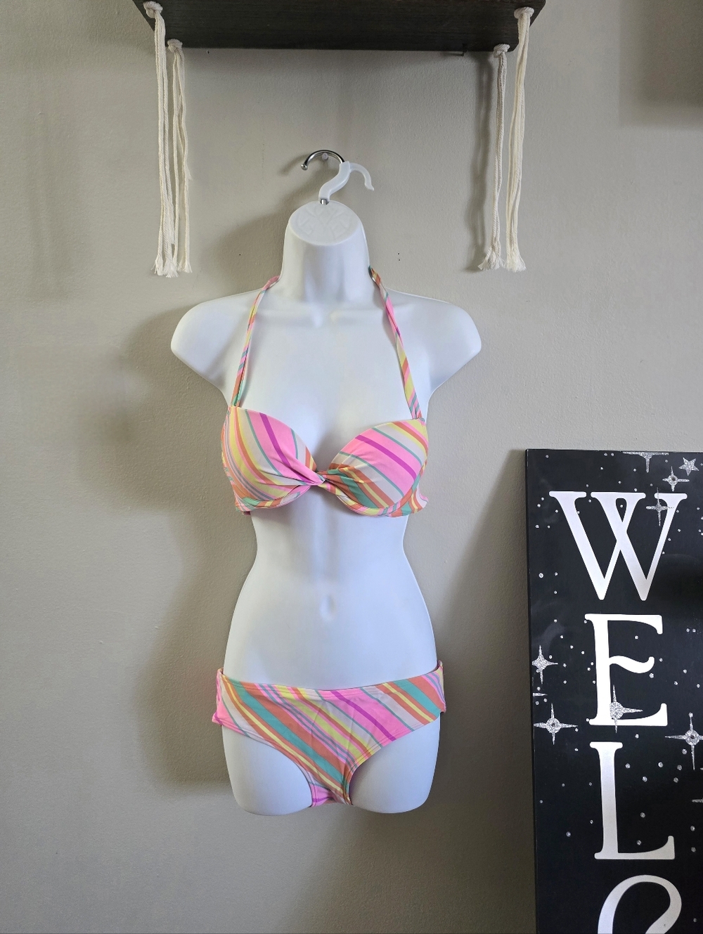 Aerie Pastel Striped Halter Push Up Bikini - Pink, Yellow, Green, Blue